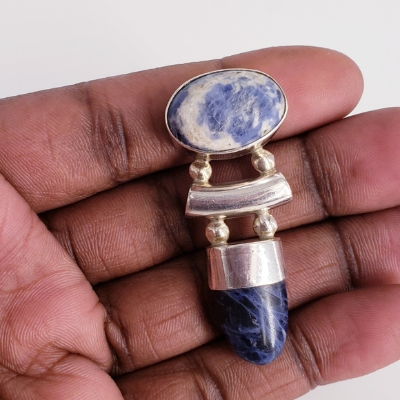 Vintage Sterling Silver Signed Mexico Sodalite Cabachon Bullet Pendant - Picture 2 of 5